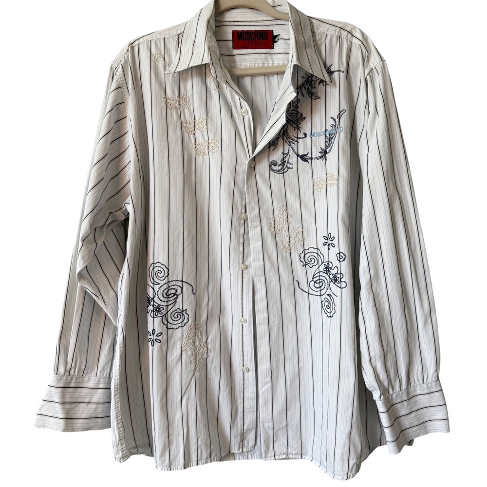 Vintage Moschino Jeans‎ Embroidered Striped Button Down Shirt XL Made in Italy